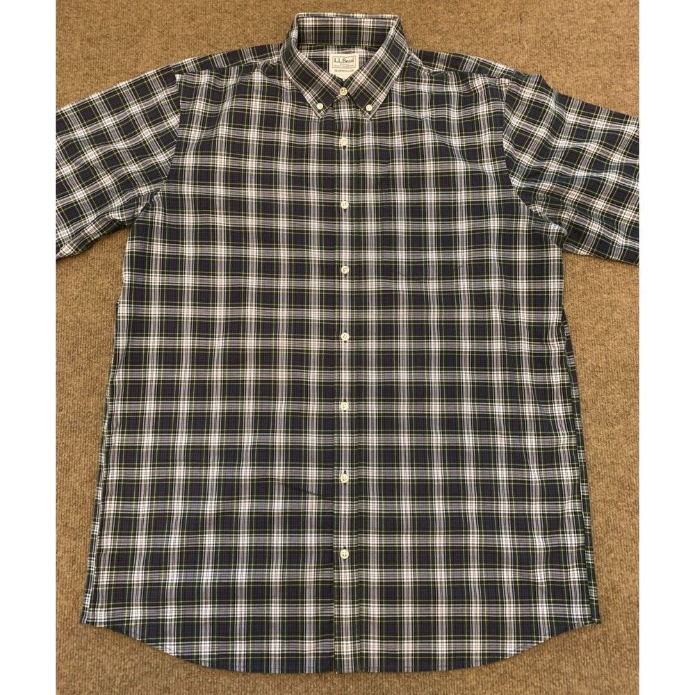 LL Bean Shirt Mens L Tall Traditional Kennebunk Plaid Short Sleeve Wrinkle-Free